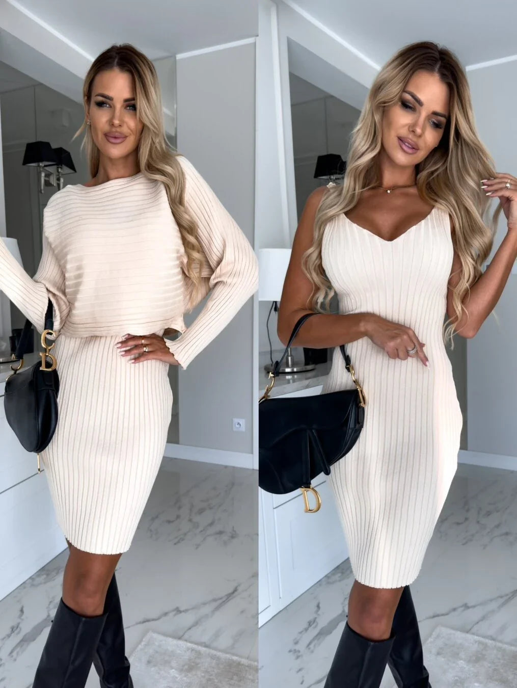 A stylish 2-piece outfit featuring a long-sleeve striped top and a suspender skirt in various colors.