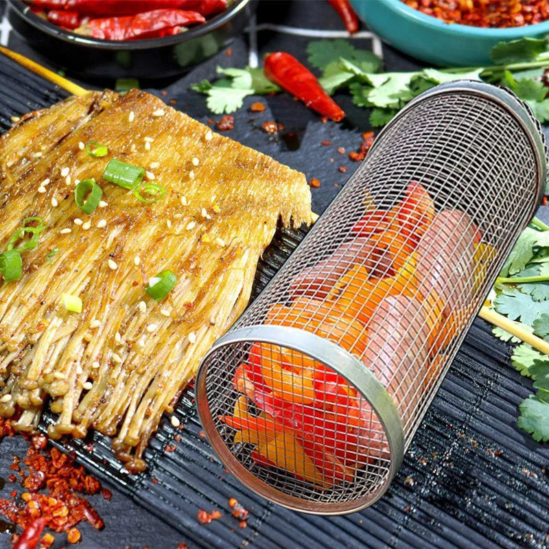 A stainless steel wire mesh grilling basket with a round shape, designed for versatile outdoor cooking and barbecue.