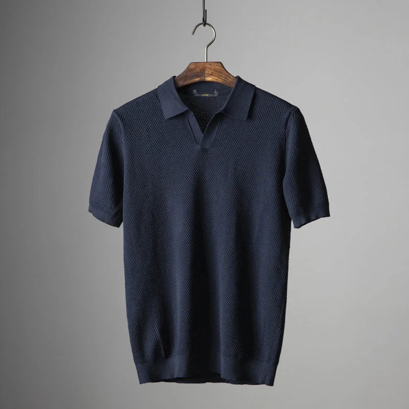Men's V knit lapel short sleeve top in cotton, available in blue, navy blue, and grey