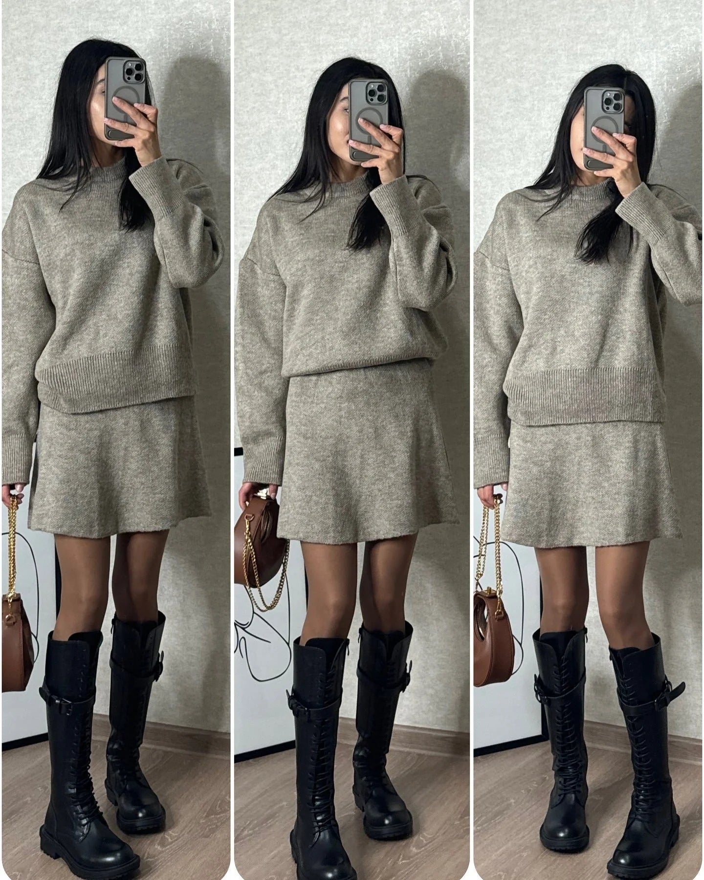 Sophisticated two-piece knit jumper and mini skirt set in a range of classic colours