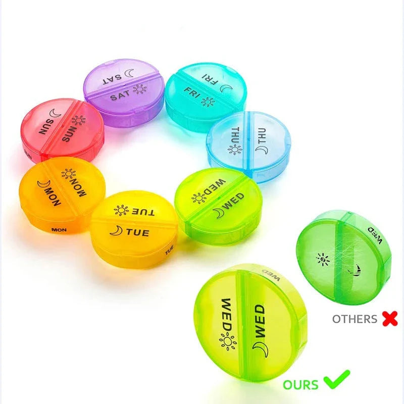A black plastic 7-day pill organiser with rotating compartments and hidden storage for secure medication management