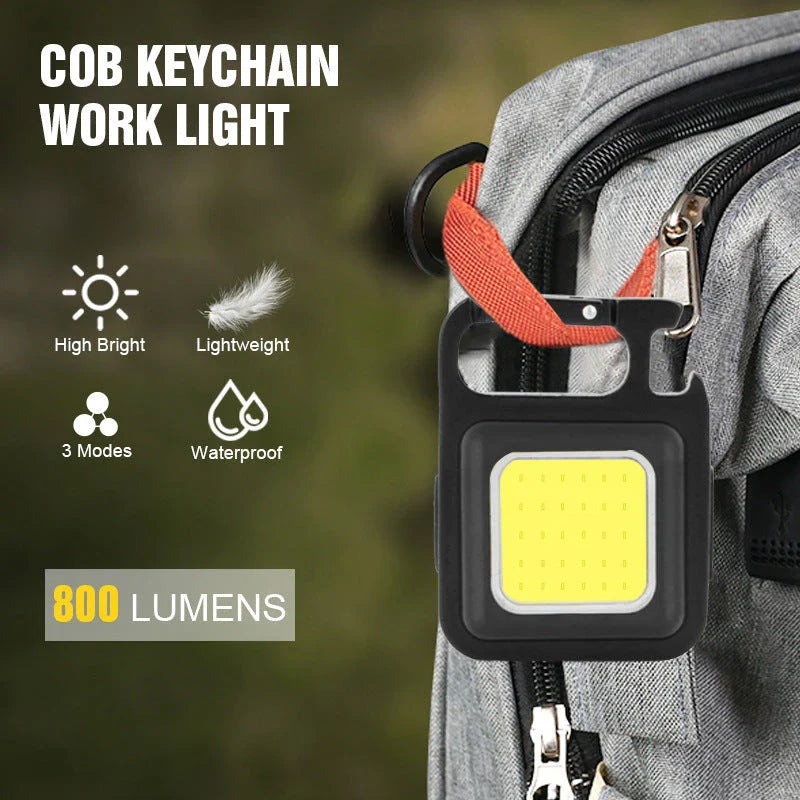 Powerful USB-rechargeable keychain flashlight with three lighting modes, magnetic base, and foldable handle for outdoor and emergency use