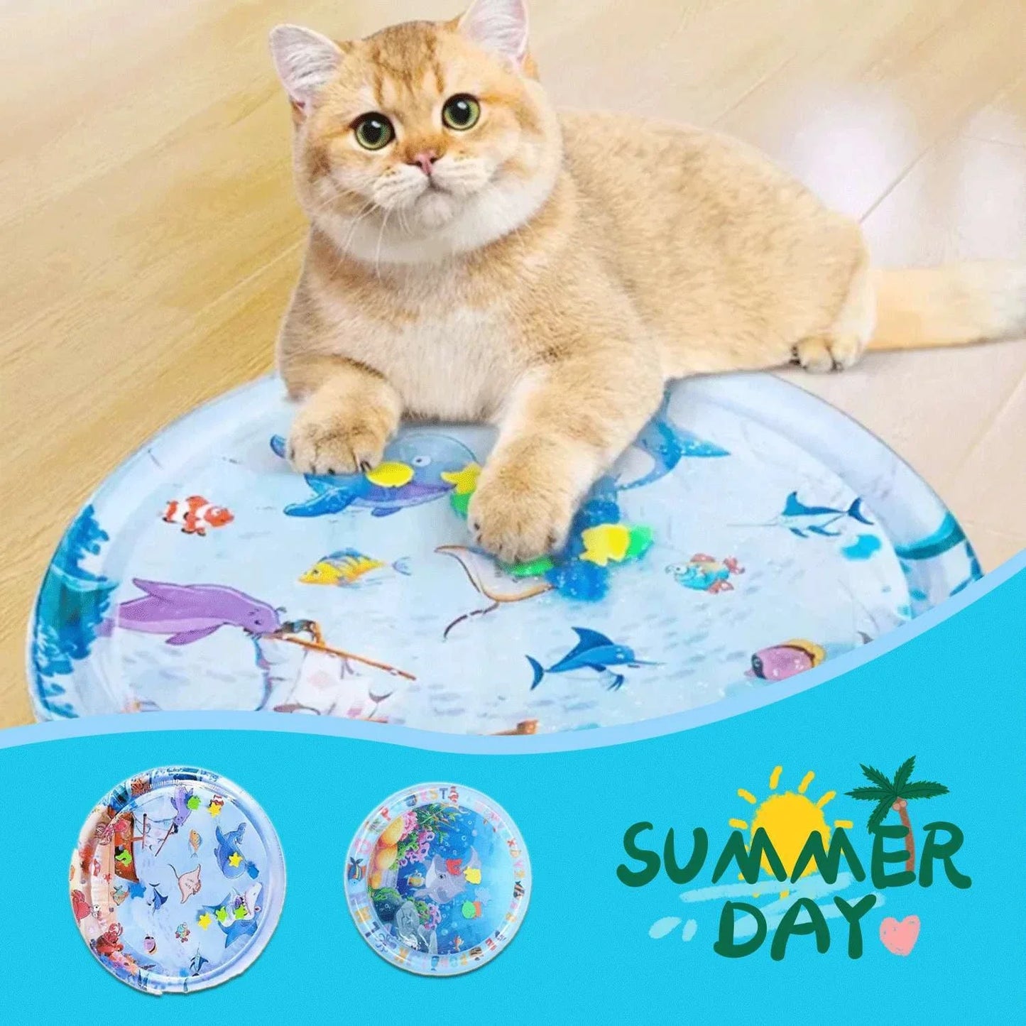 Cooling pet water mat with vibrant animal-themed designs for dogs and cats to stay cool and comfortable