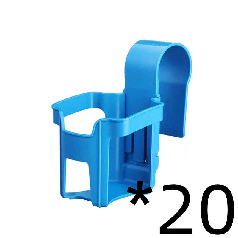 Poolside drink holder attached to the edge of a swimming pool, securely holding a variety of beverage containers.