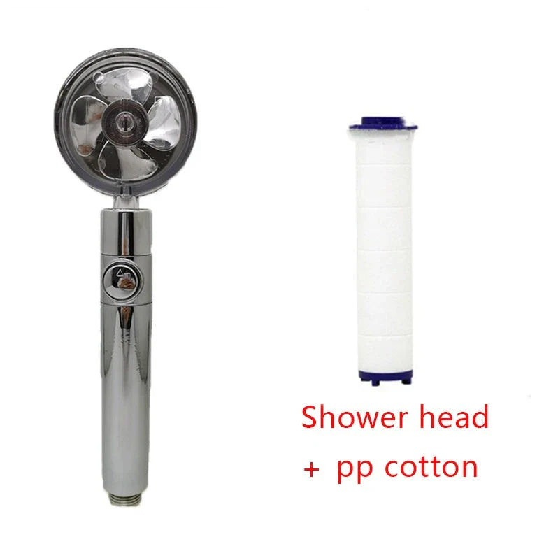 360-degree rotating high-pressure shower head with built-in fan and adjustable water spray