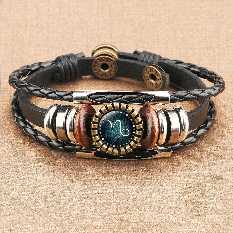 Stylish multilayer leather bracelet with zodiac sign artwork, suitable for men