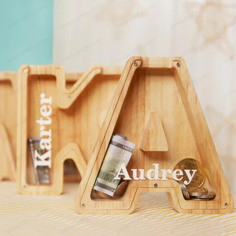 Personalized Letter-Shaped Wooden Money Bank - Perfect Savings Gift for Kids and Adults