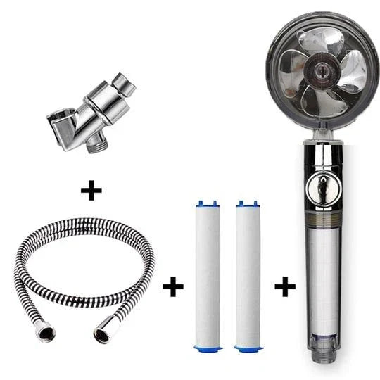 A high-pressure shower head with a stop button, cotton filter, and powerful water pressure for a luxurious bathing experience.