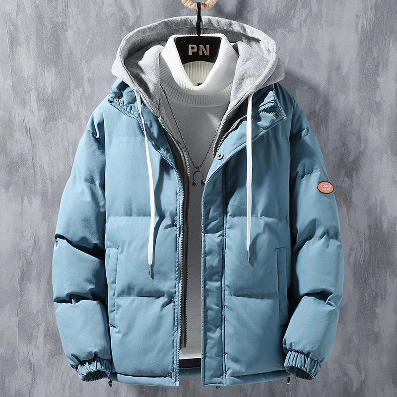 Premium insulated winter jacket for men in various colors, including black, khaki, pink, and blue. The jacket features a hooded design, front zipper closure, and adjustable drawstrings for a customized fit.