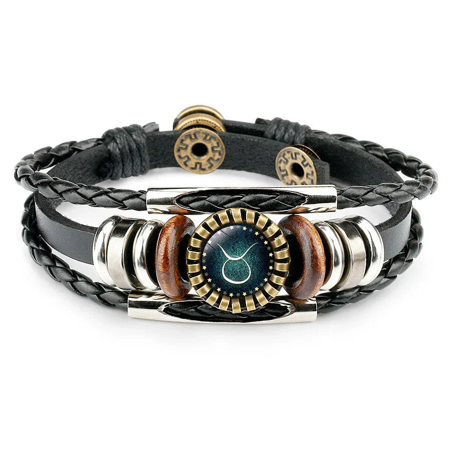 Stylish multilayer leather bracelet with zodiac sign artwork, suitable for men