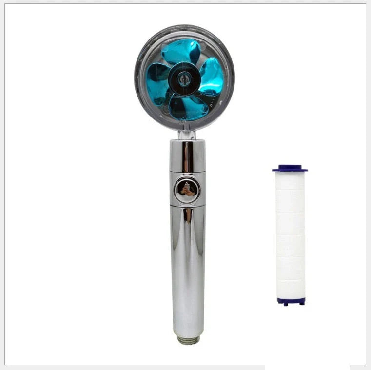 A high-pressure shower head with a stop button, cotton filter, and powerful water pressure for a luxurious bathing experience.