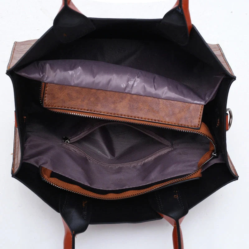 Retro three-piece women's bag set in PU leather, available in red, black, and brown