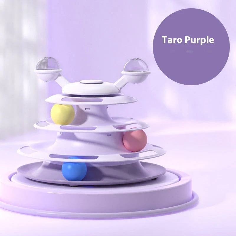 Interactive 4-level cat toy tower with turntable and roller balls in vibrant colours