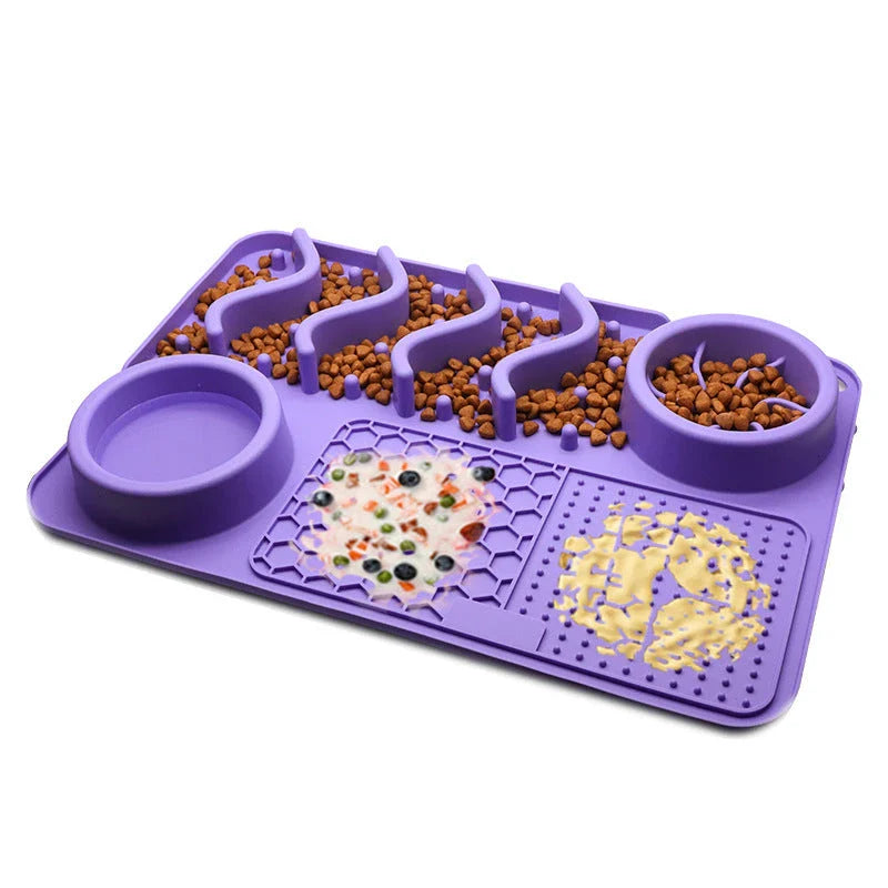 Multifunctional slow feeder silicone licking mat for dogs, available in various colors and sizes to promote healthier eating habits and dental care.