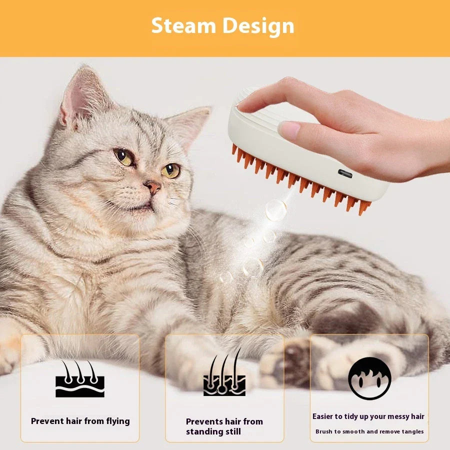 USB Rechargeable Pet Grooming Brush with Gentle Steam, Massage, and Detangling Functions for Cats