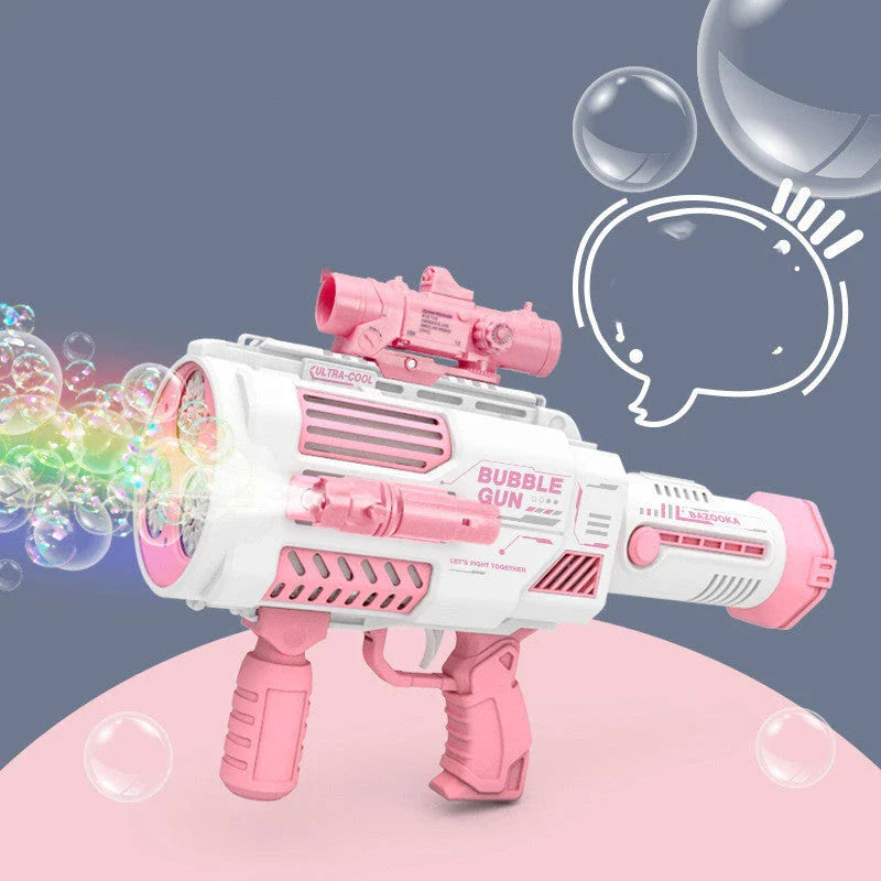 Automatic bubble blaster toy with rocket-shaped design, producing a cloud of colorful bubbles