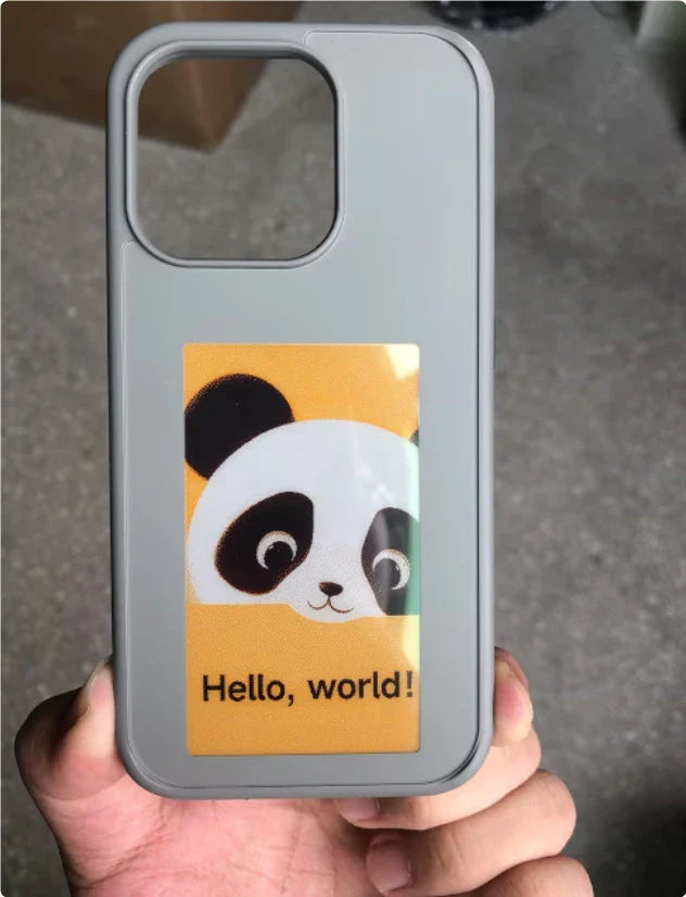 A customizable phone case with an e-ink display that allows users to wirelessly project their preferred images.