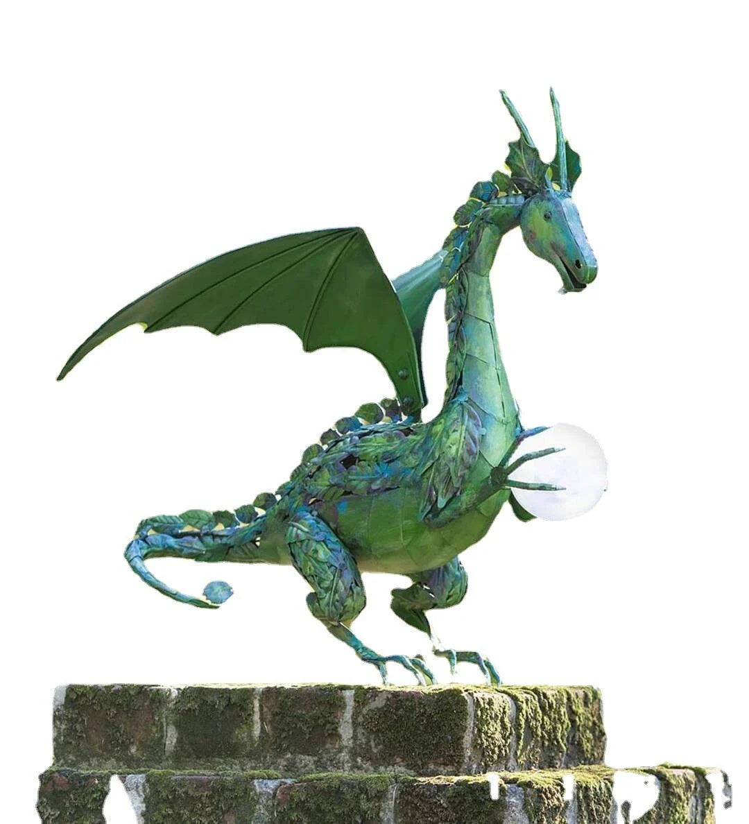 Enchanting green dragon garden statue with serene expression and solar-powered illuminating orb