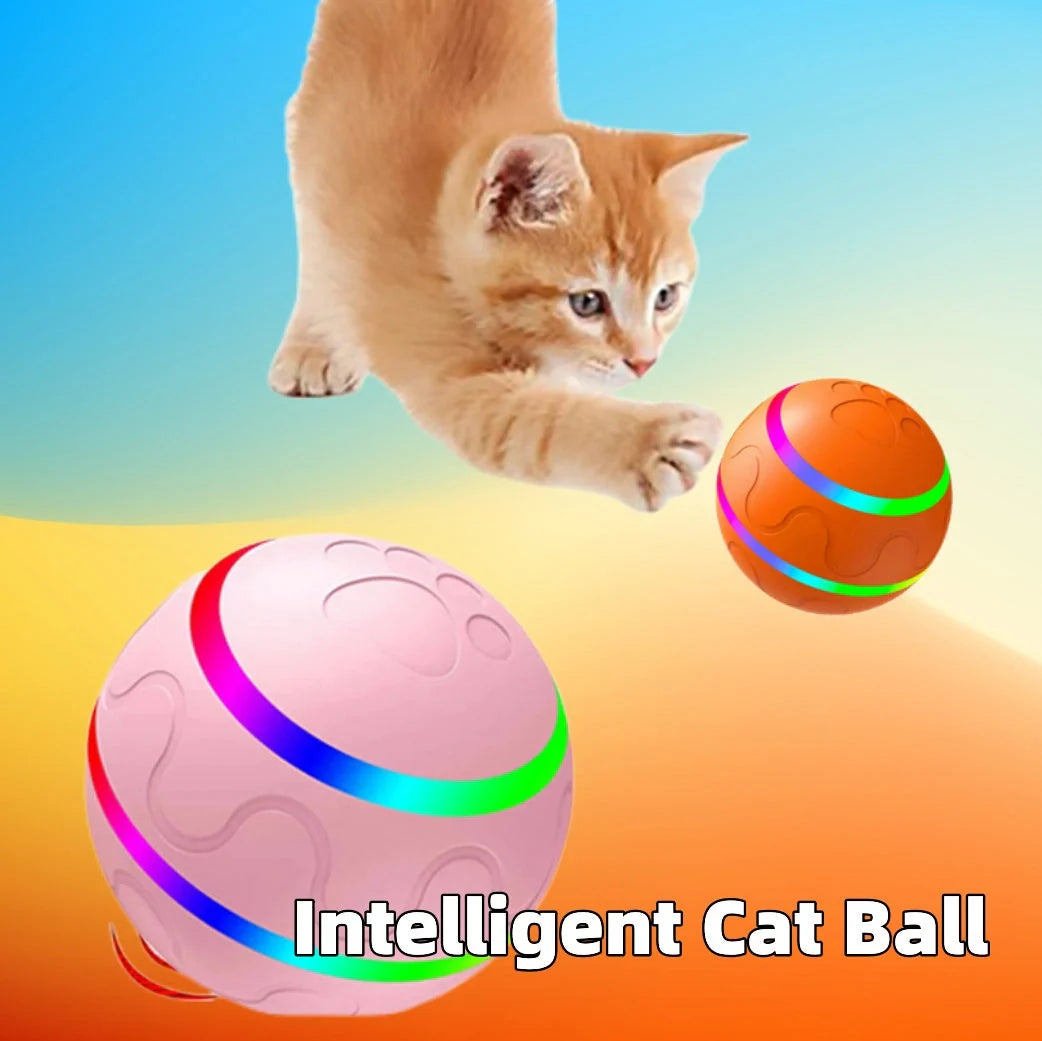 Automatic rotating cat toy in orange, yellow, and pink with USB charging
