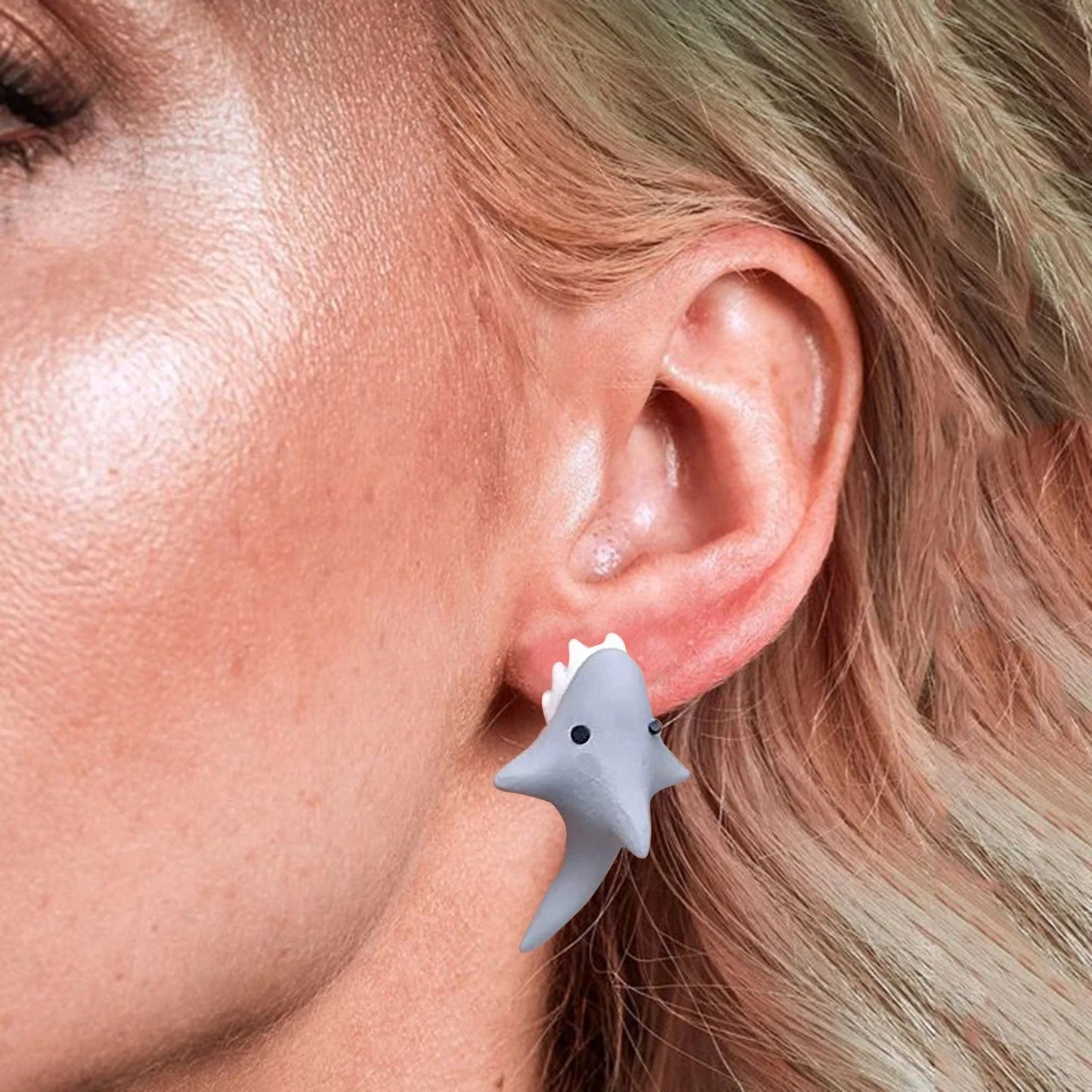 Handmade cartoon shark bite 3D stud earrings for women, unique sea animal jewellery