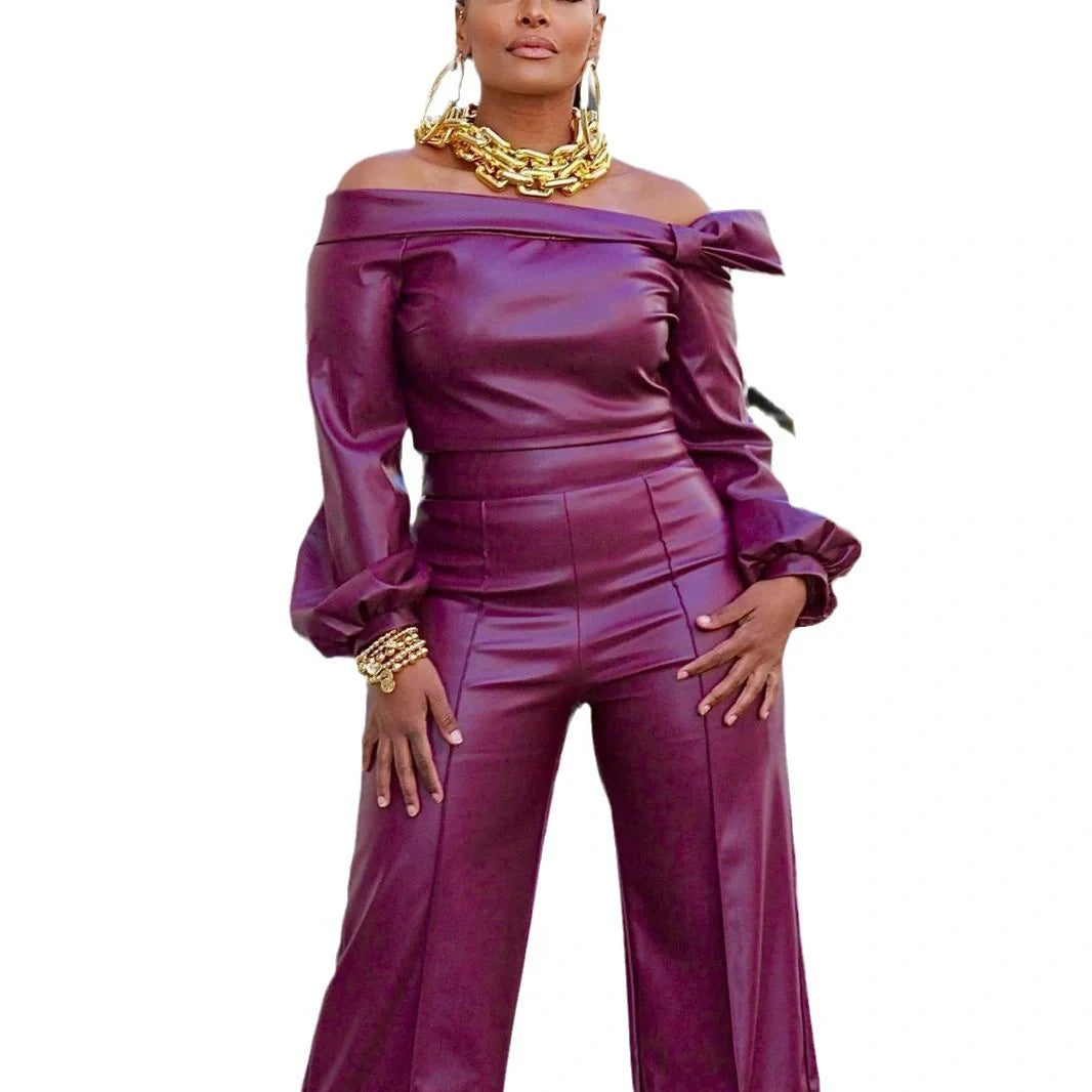 Women's wine red leather suit with detailed stitching, sizes S to XXL
