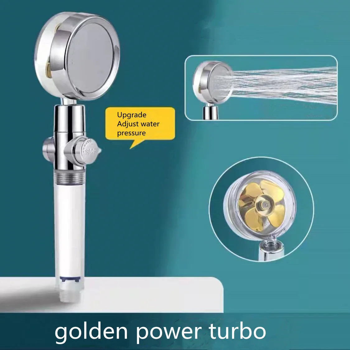 360-degree rotating high-pressure shower head with built-in fan and adjustable water spray
