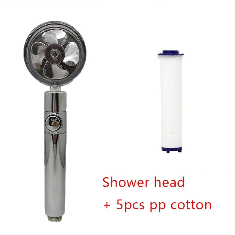 360-degree rotating high-pressure shower head with built-in fan and adjustable water spray