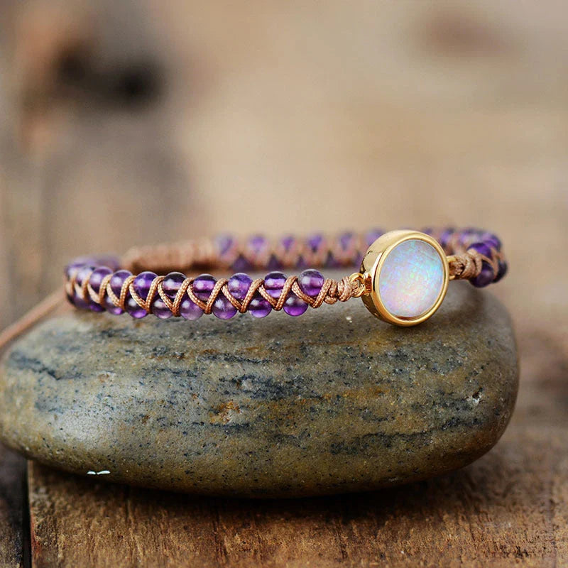 Stylish amethyst and opal friendship bracelets with braided design, perfect for casual or formal wear