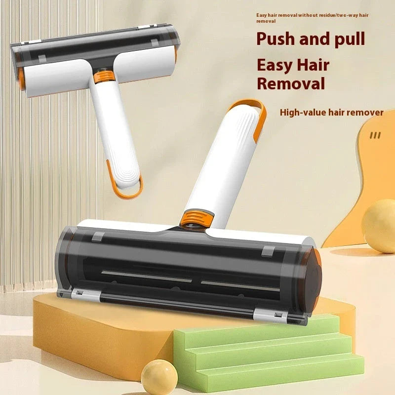 2-in-1 pet hair removal roller with soft bristles for effortless cleaning of clothes, furniture, and car interiors