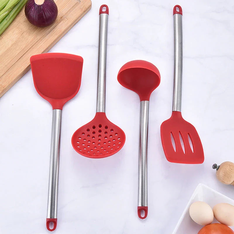 Premium silicone kitchen tool set with stainless steel handles, including various cooking and baking utensils