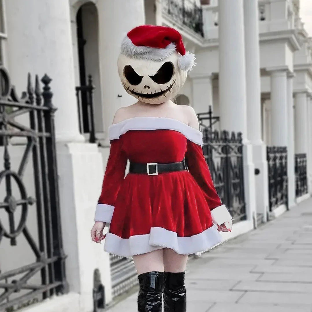Women's Christmas costume Santa dress with plush trim, boat neckline, and off-shoulder sleeves for holiday parties and New Year's Eve