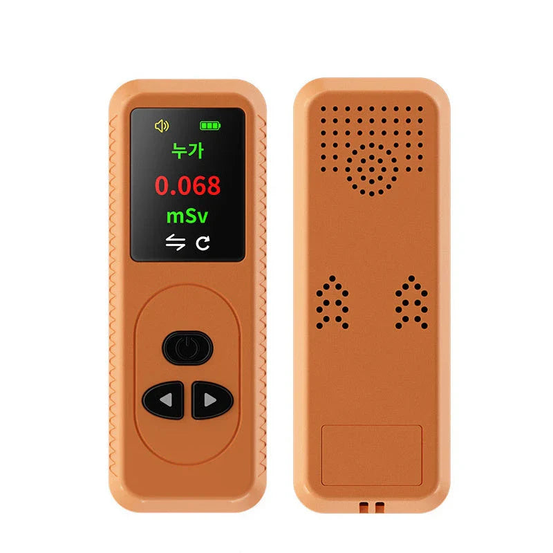 Portable nuclear radiation detector with TFT color display, G-M tube, and adjustable alarm settings for precise radiation monitoring