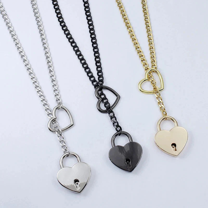 Adjustable Heart Slip Chain Necklace with Key Lock Charm in Black, Silver, and Gold Colours