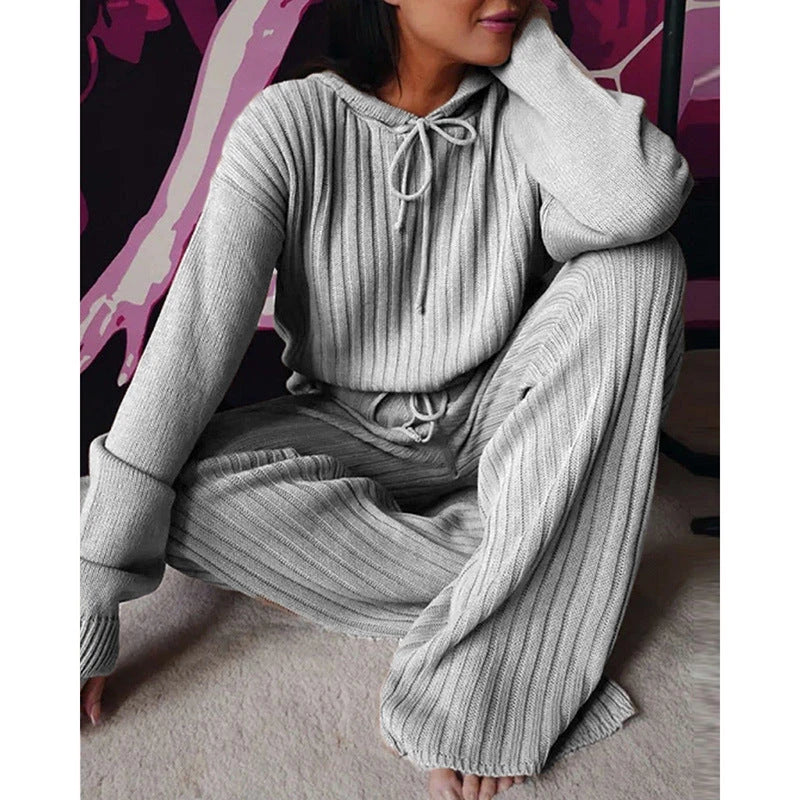 Cozy hooded two-piece loungewear set with soft, stretchy fabric and relaxed silhouette