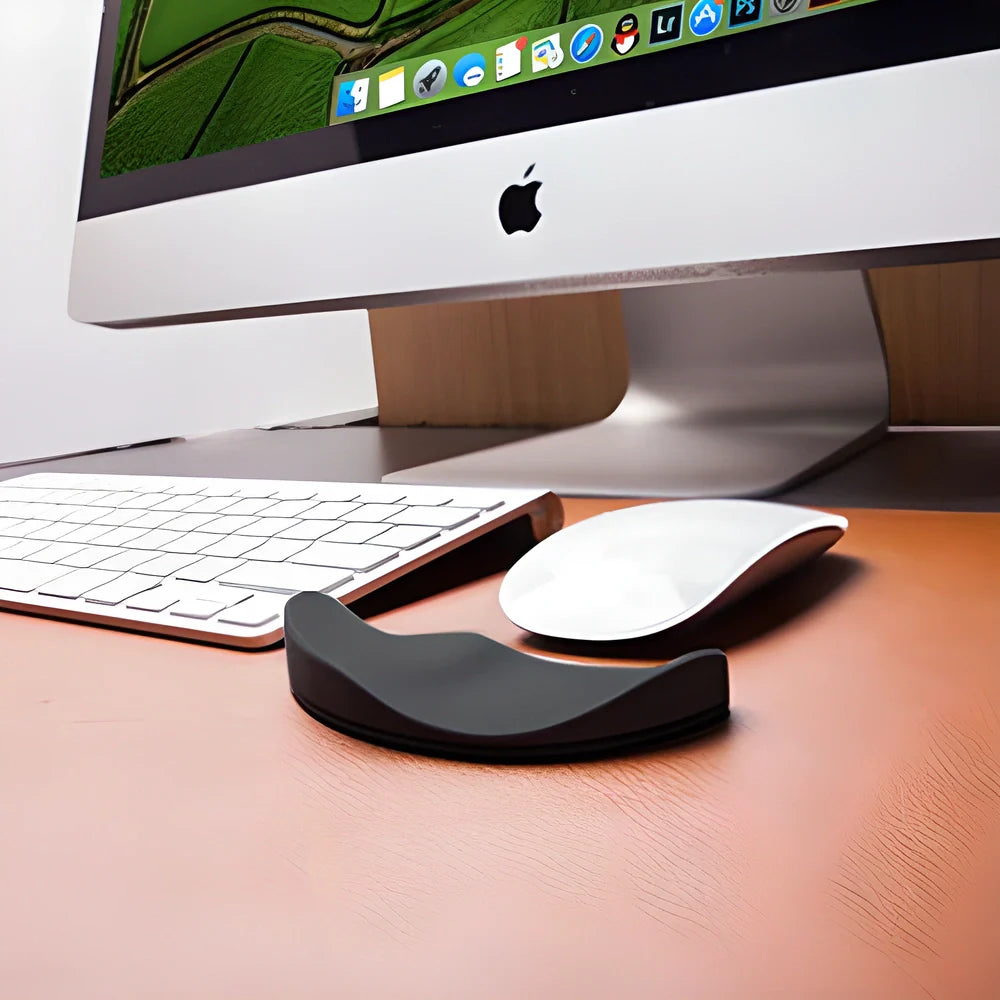 Premium ergonomic wrist support cushion in white and black colours, designed to provide enhanced comfort and alignment for desk-bound users.