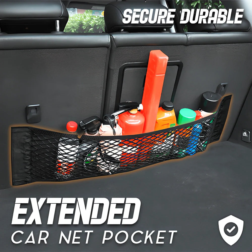 Extended Car Double Net Velcro Organiser Pocket - Versatile car boot storage solution with strong adhesive and double-layer net design