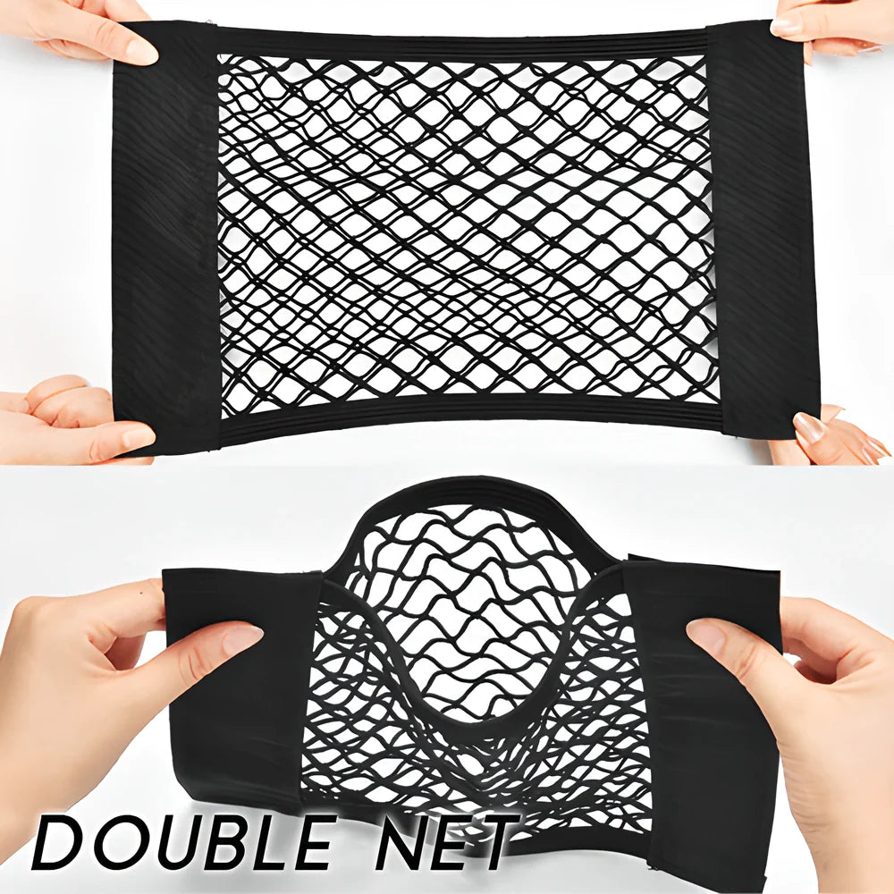 Extended Car Double Net Velcro Organiser Pocket - Versatile car boot storage solution with strong adhesive and double-layer net design