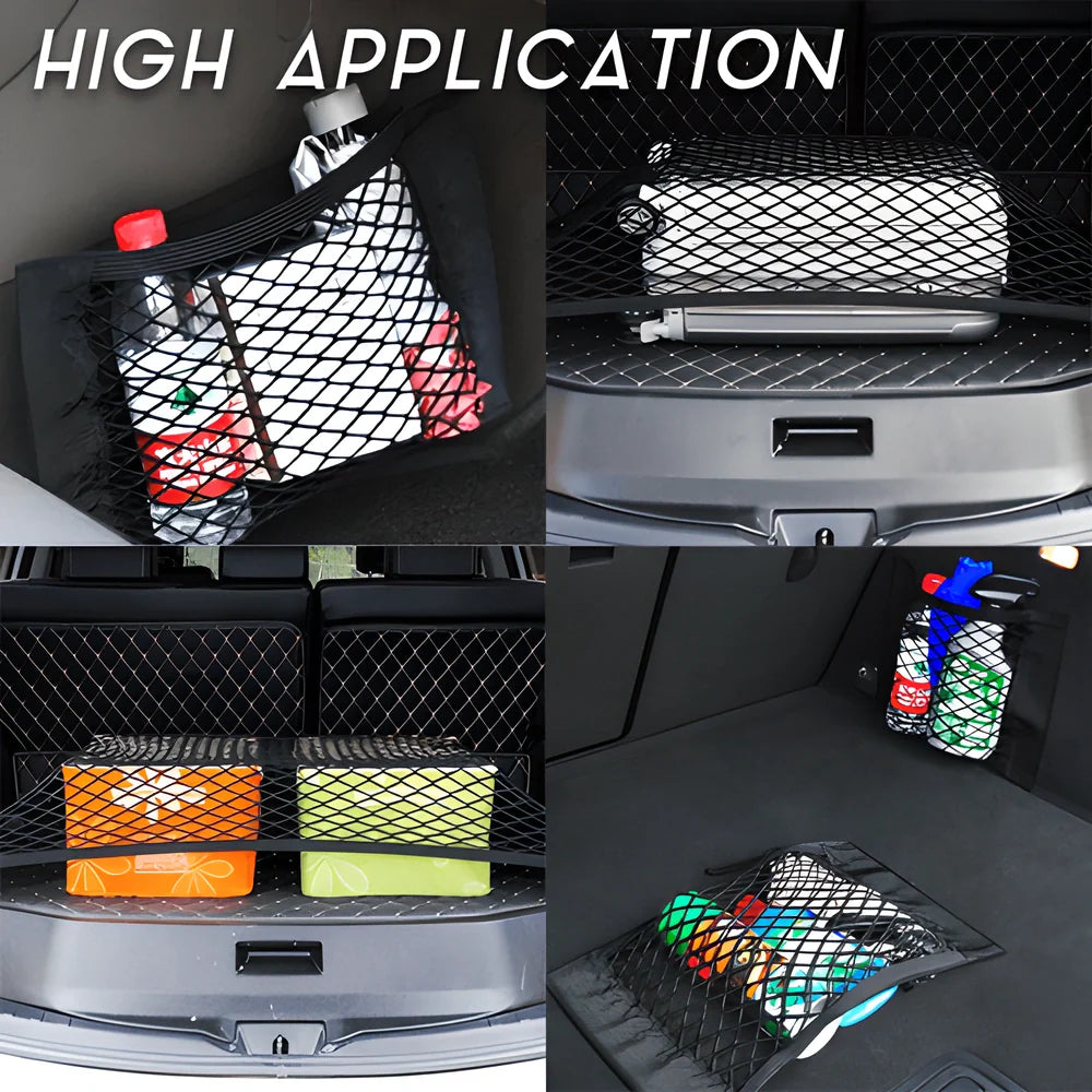 Extended Car Double Net Velcro Organiser Pocket - Versatile car boot storage solution with strong adhesive and double-layer net design