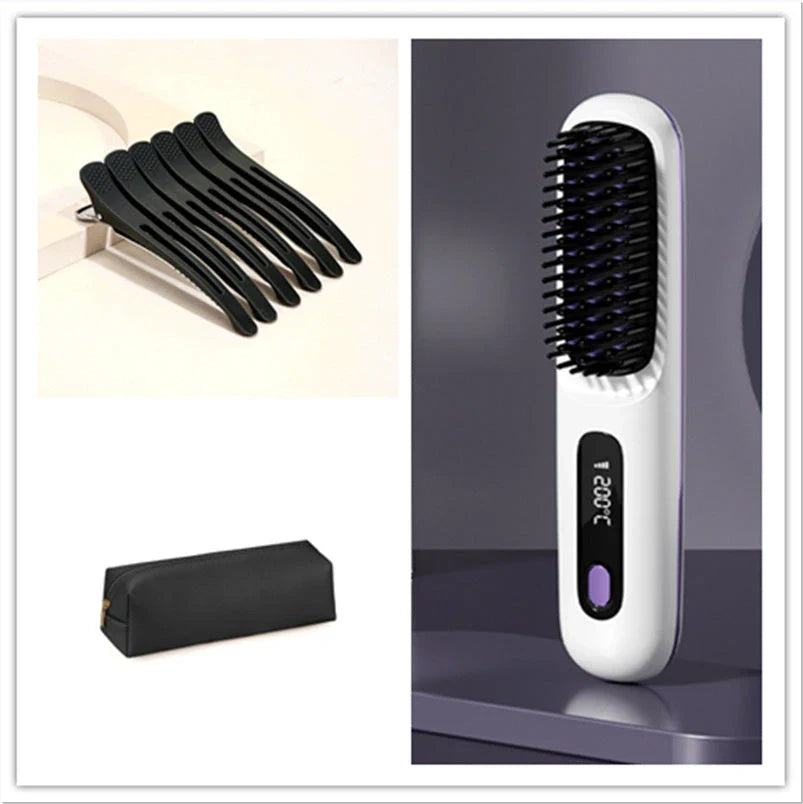 Cordless 2-in-1 Hair Straightener Brush with LCD Display, Offering Versatile Styling on the Go