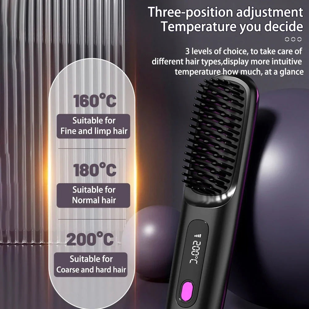 Cordless 2-in-1 Hair Straightener Brush with LCD Display, Offering Versatile Styling on the Go
