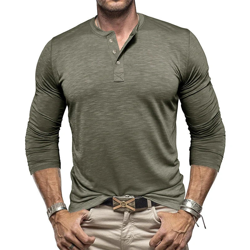 Men's Long-sleeved Henry Collar T-shirt in slub cotton, available in multiple colours
