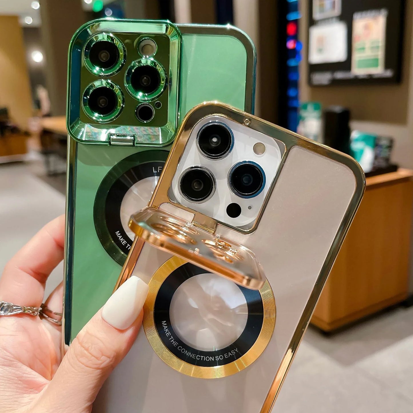 Sleek and stylish Magsafe phone case with invisible camera stand and CD pattern design