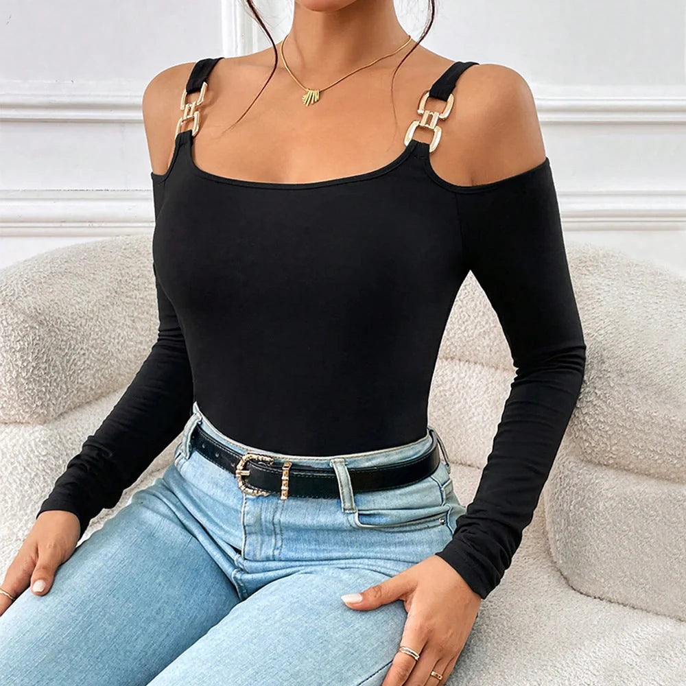 Stylish off-shoulder top with metal hook closure, long sleeves, and premium knitted fabric for modern British fashion