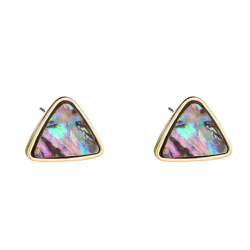 Triangular Abalone Shell Stud Earrings with Iridescent Patterns and Modern Design