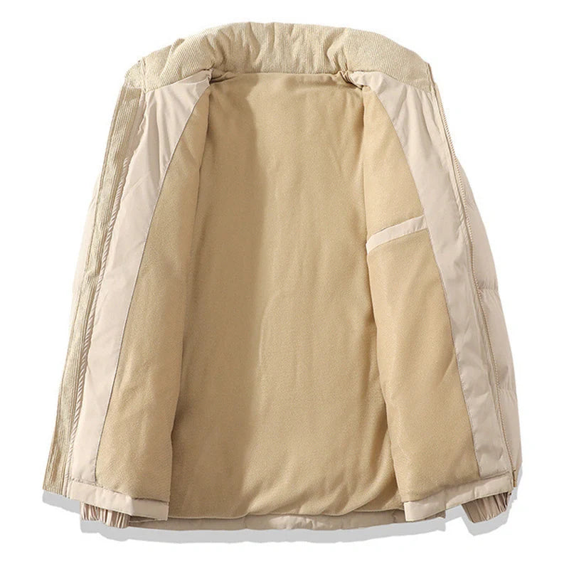 A stylish padded winter coat with contrast-coloured accents, designed for both men and women to stay warm and look fashionable.