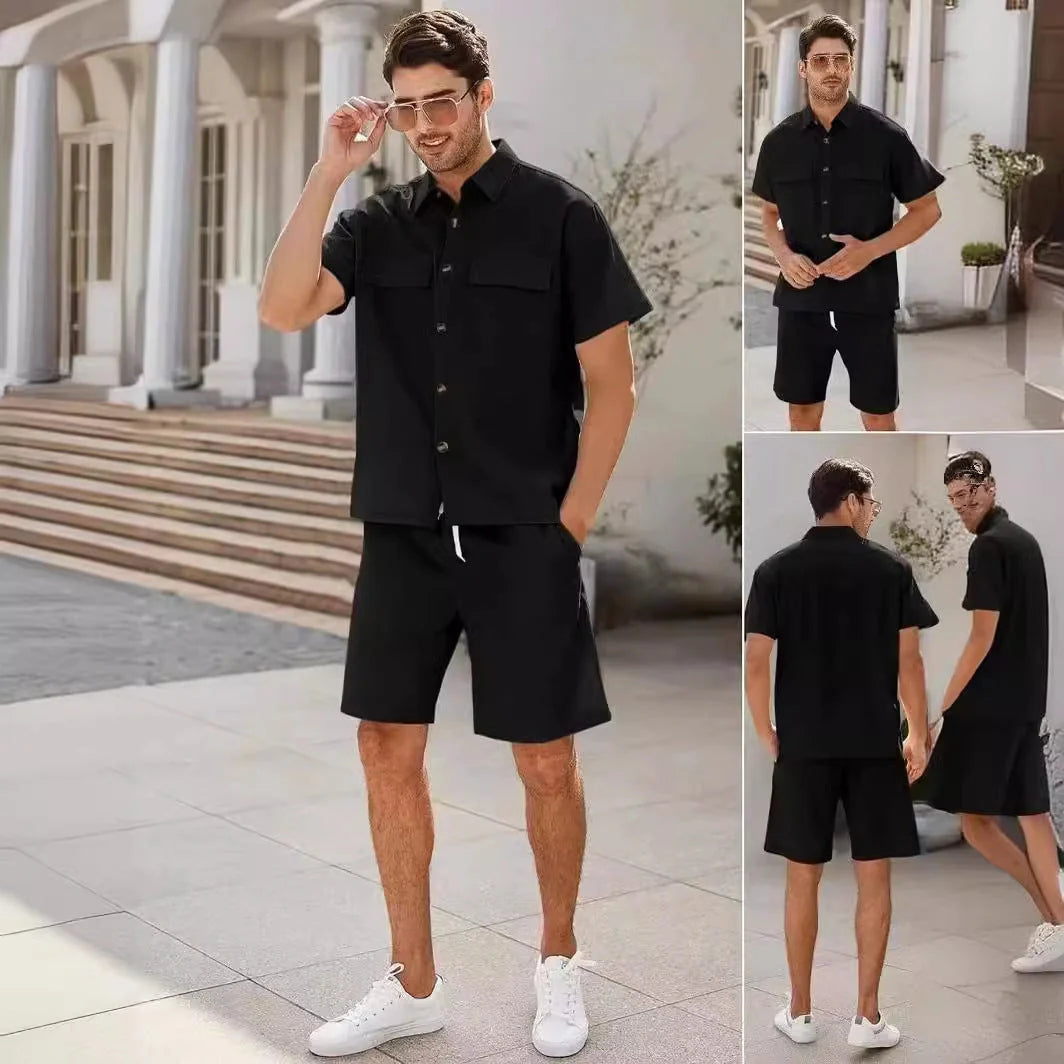 A stylish summer suit featuring a short-sleeved shirt and drawstring shorts in a variety of classic colours, perfect for leisure and sports activities.