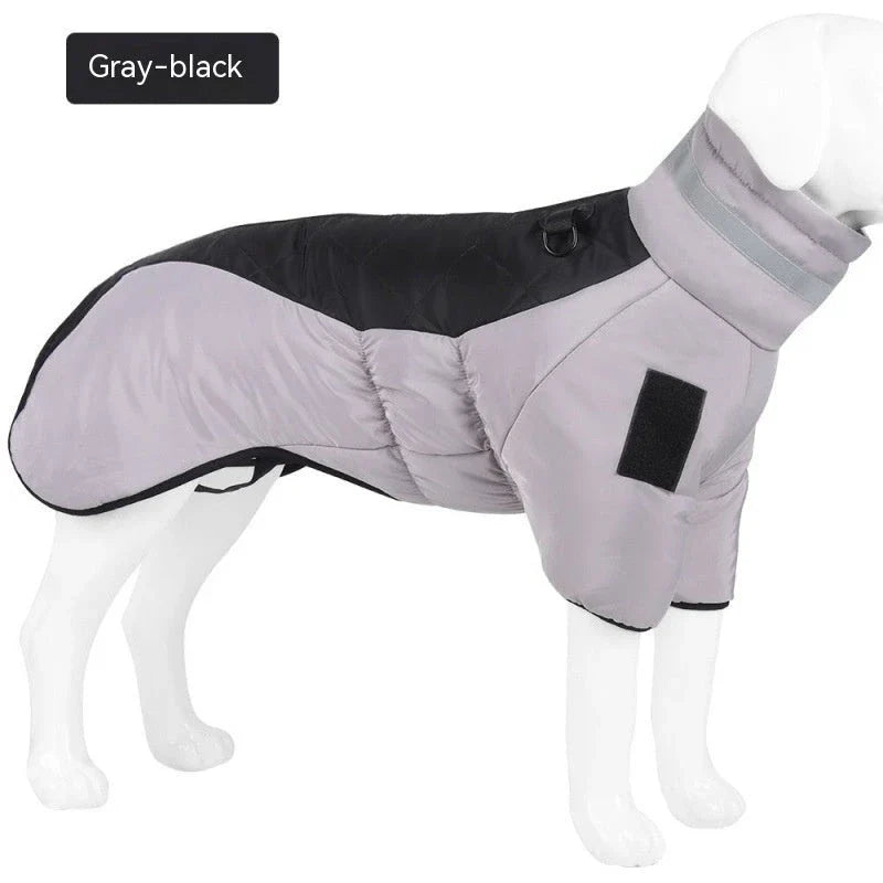 Warm and waterproof dog coat in various colors, designed for medium to large dogs to keep them cozy and protected during the winter.
