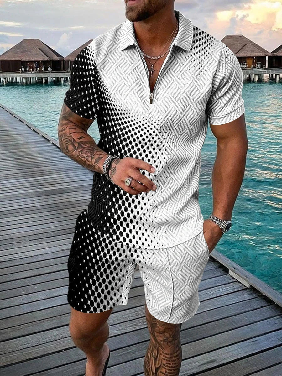 Men's casual contrast polo zip lapel shirt with shorts set in various colours