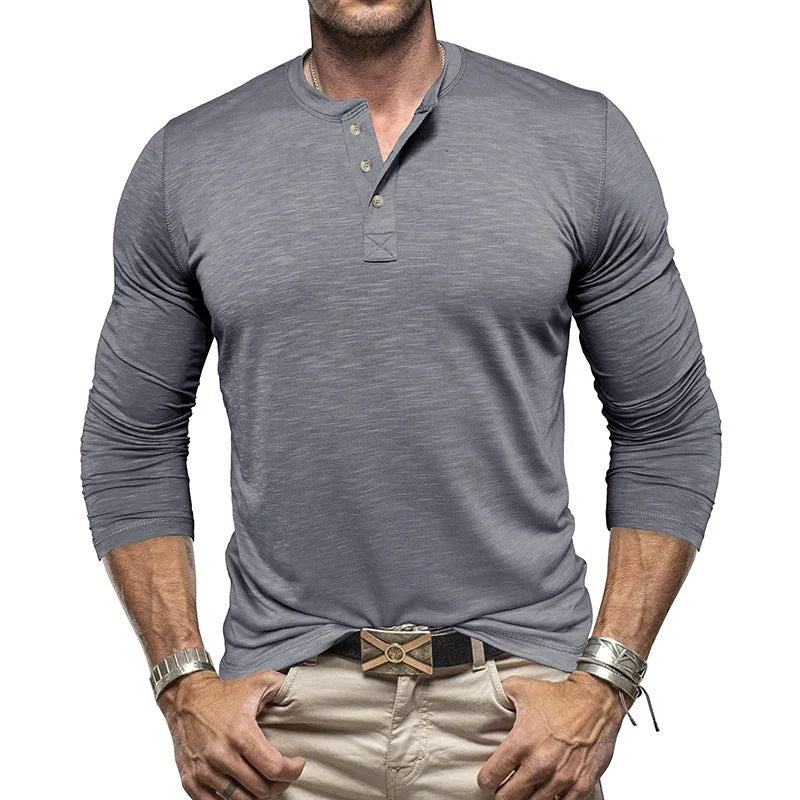 Men's Long-sleeved Henry Collar T-shirt in slub cotton, available in multiple colours