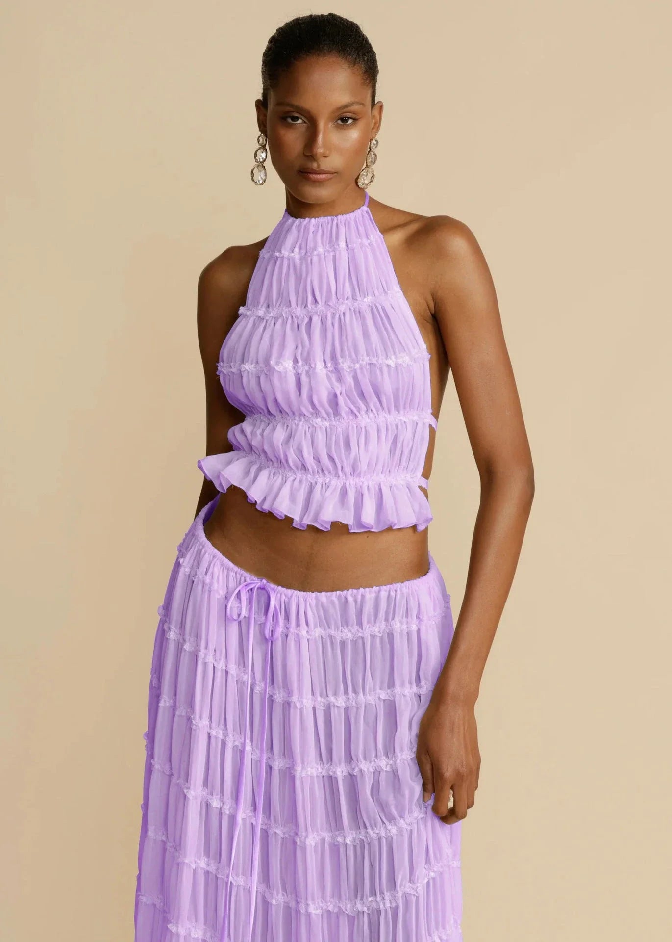 Chic sleeveless backless cropped halter top and pleated maxi dress set in various colors